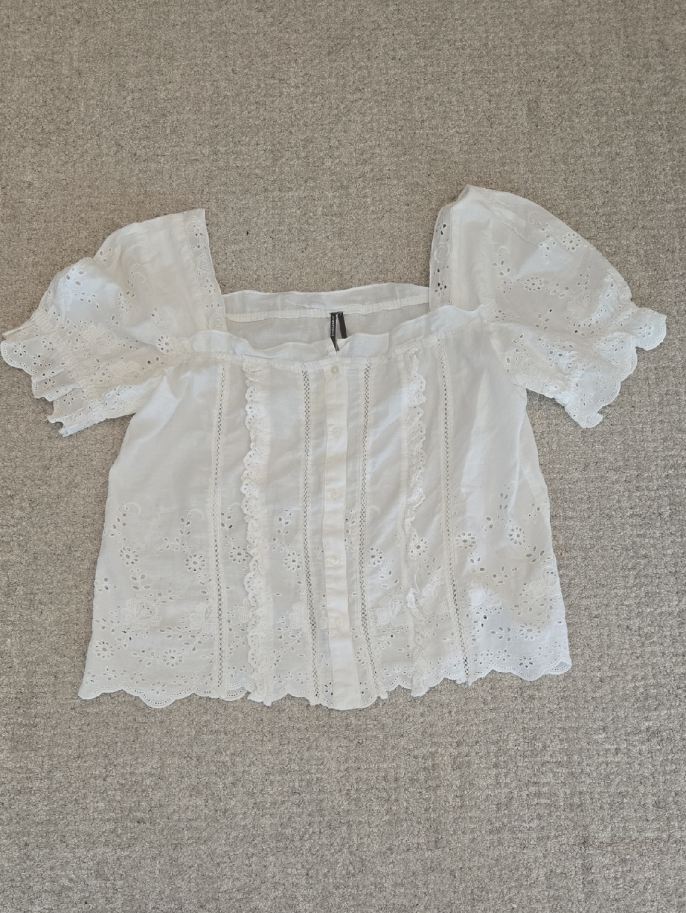 Anthropologie White Eyelet Puff-Sleeve Button Front Blouse - Picture 2 of 4